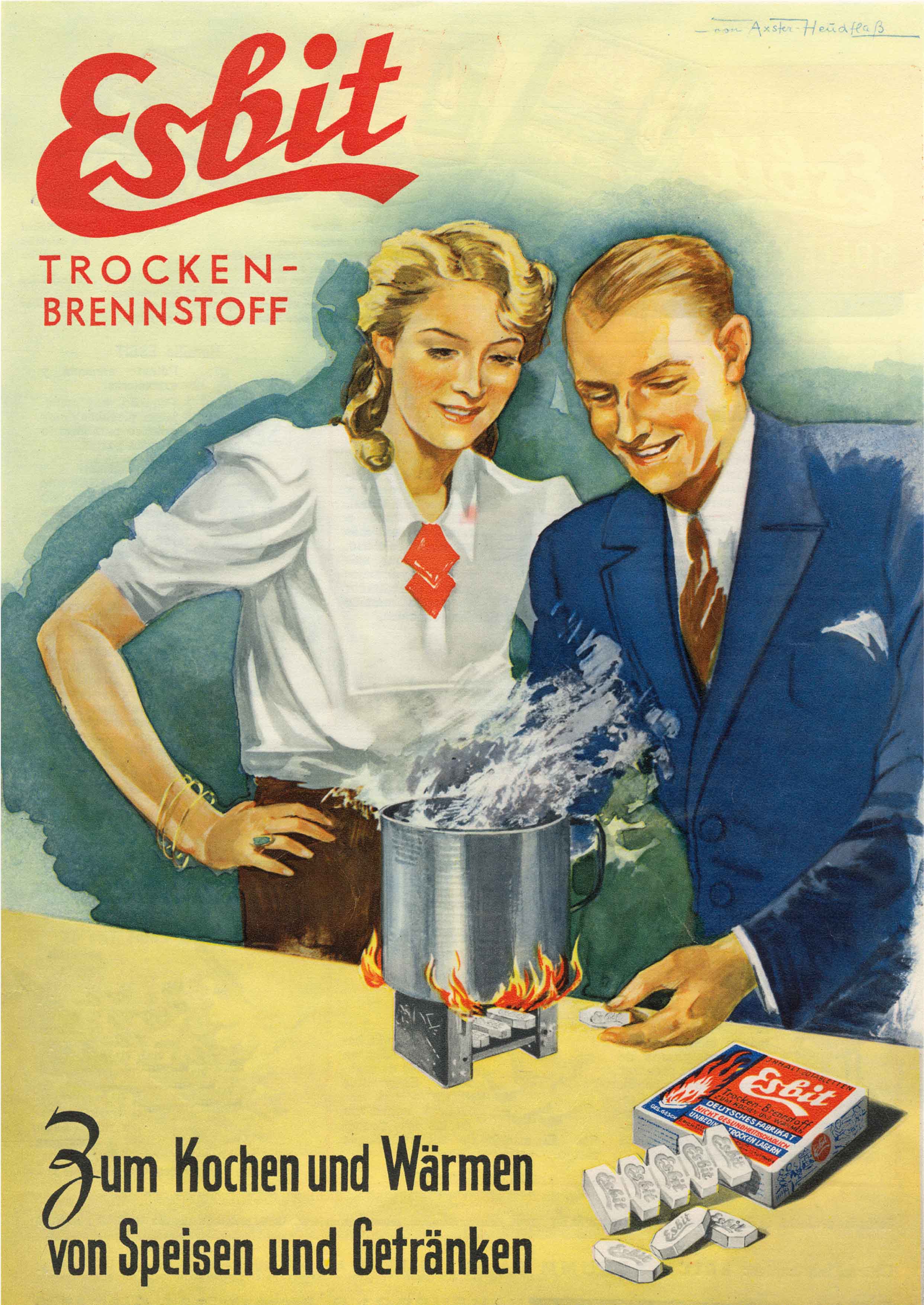 Historisches Esbit Werbeplakat mit zwei Personen und Esbit Taschenkocher