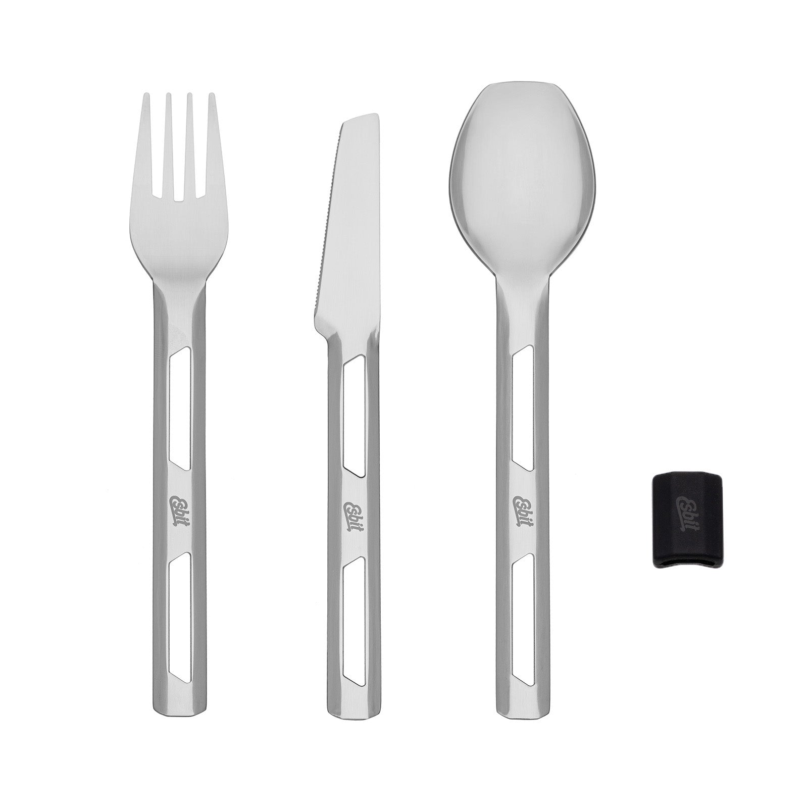 Esbit Camping Besteck Set aus Edelstahl mit Manschette nebeneinander liegend
