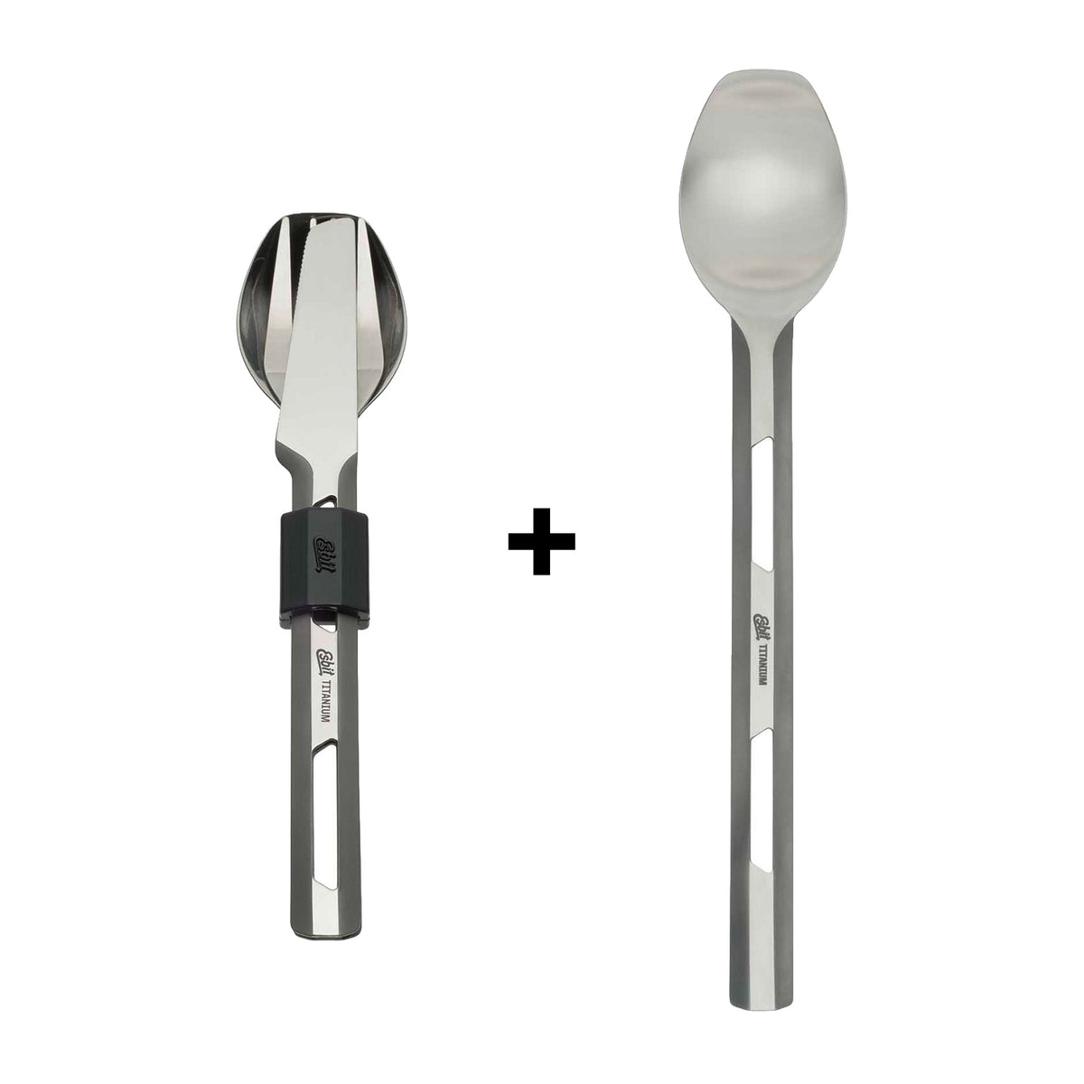 Esbit cutlery set comprising a knife, fork, spoon and long-handled spoon, all made of titanium