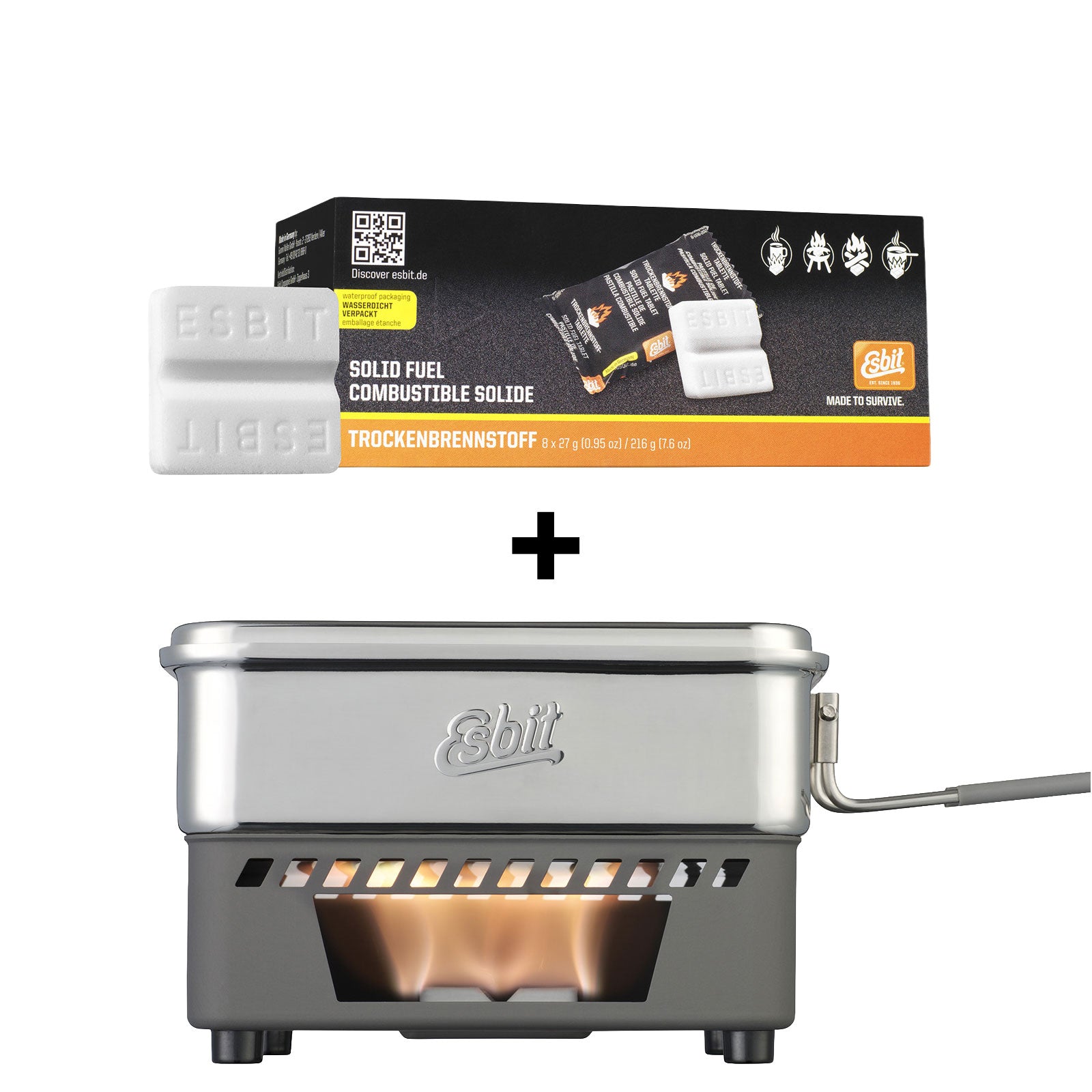 Esbit bundle comprising the CS1100ST camping stove set for solid fuel and solid fuel tablets 00182700-D-HH