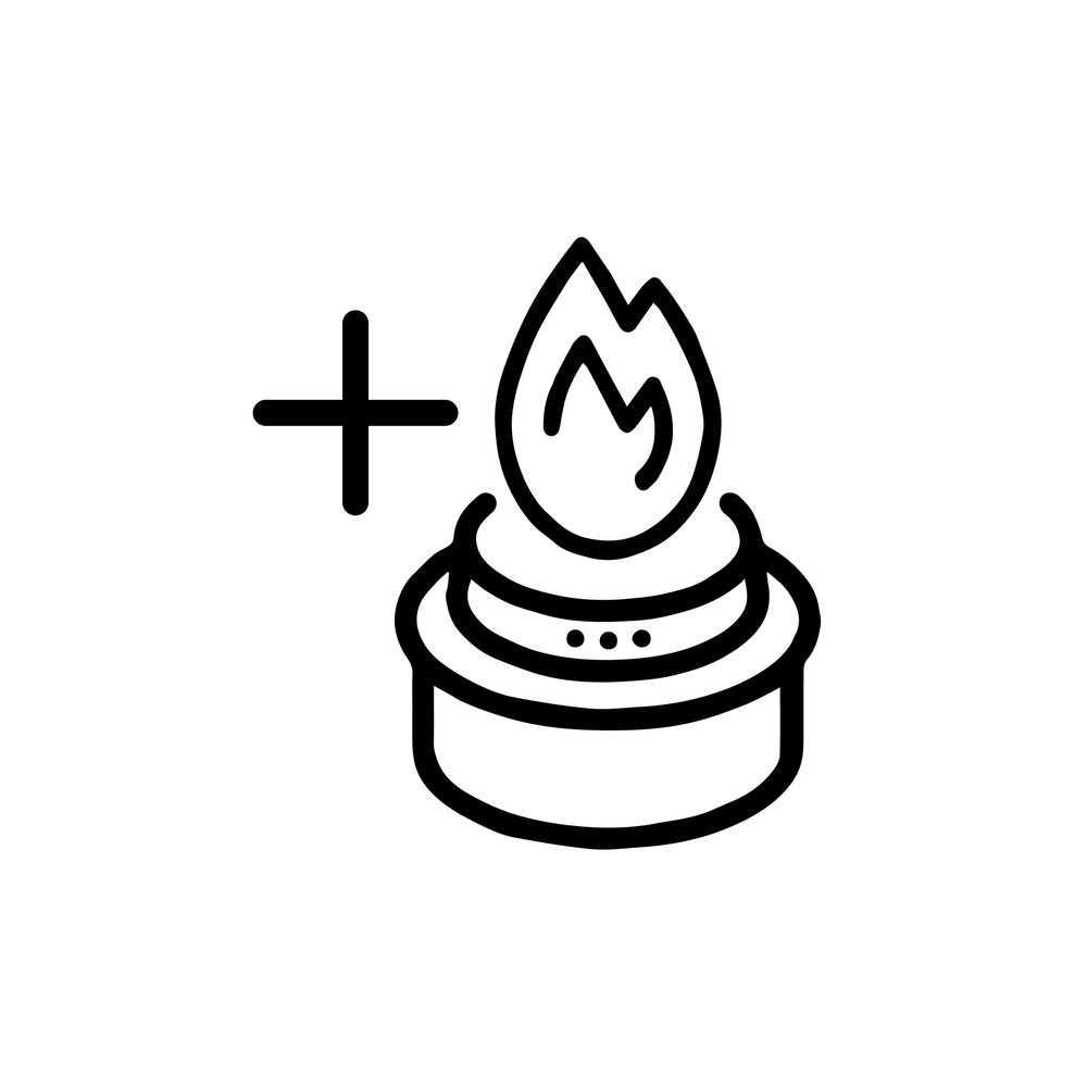 Esbit Icon in Schwarz zeigt ein Plus-Zeichen und einen Spiritusbrenner als Piktogramm.