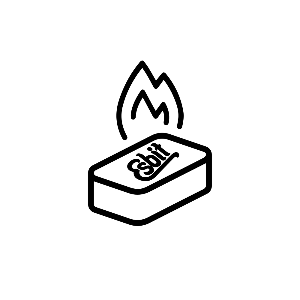 Esbit Icon in Schwarz zeigt brennende Trockenbrennstoff-Tablette als Piktogramm.