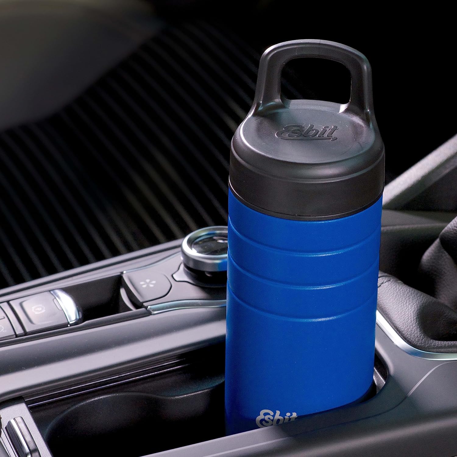 Esbit MAJORIS Isolierbecher Blau 450 ml in Kfz-Getränkehalterung