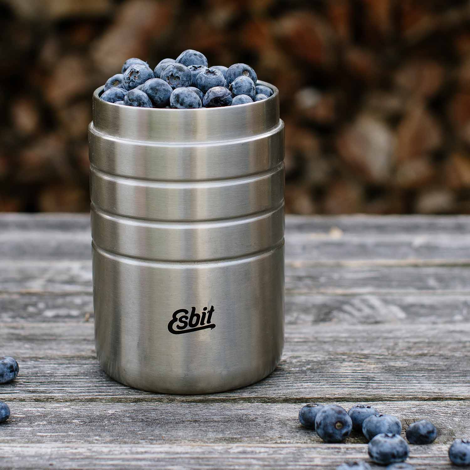 Esbit MAJORIS Thermobehälter steht auf einem Holztisch und ist mit Blaubeeren gefüllt
