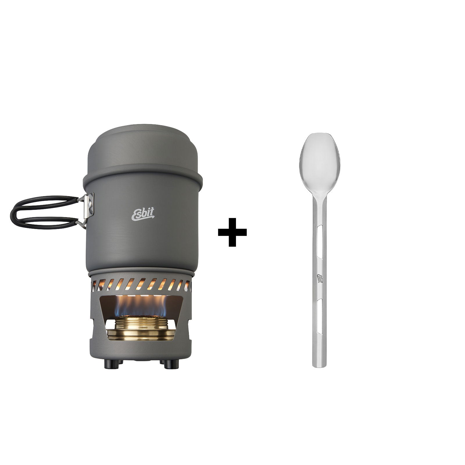 Esbit Camping Spirituskocher Set mit Topf aus hartanodisierten Aluminium und Edelstahl Langstiellöffel 