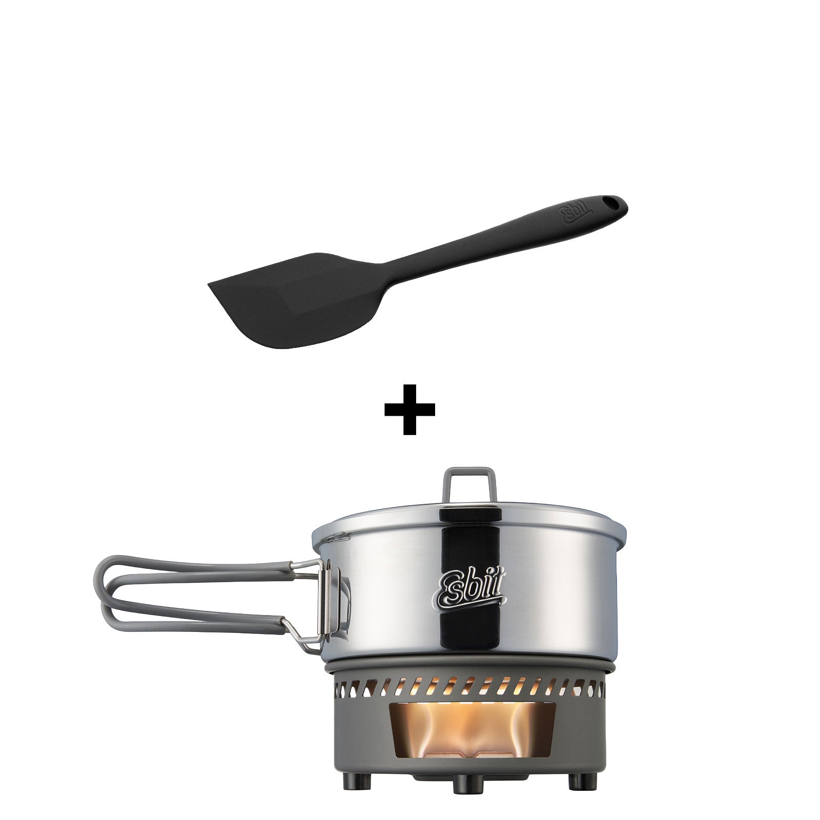 Esbit Camping Spirit Stove Set with stainless steel pan and silicone scraper