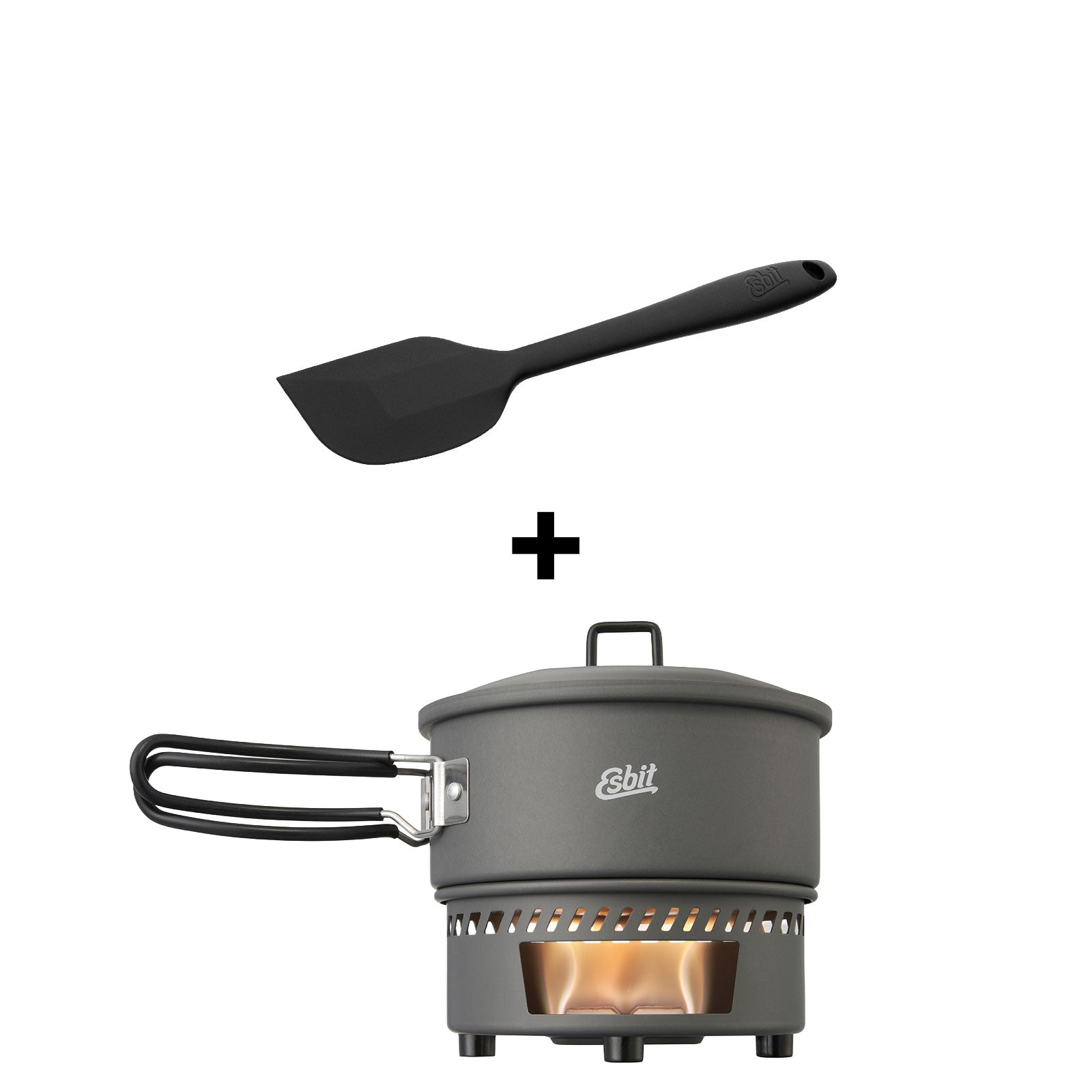 Esbit Camping Spirit Stove Set with a hard-anodised aluminium pan and silicone scraper
