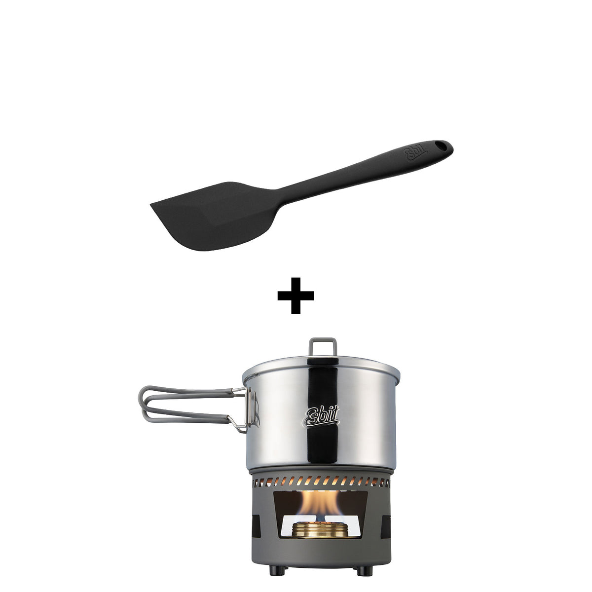 Esbit Camping Spirit Stove Set with stainless steel pan and silicone scraper