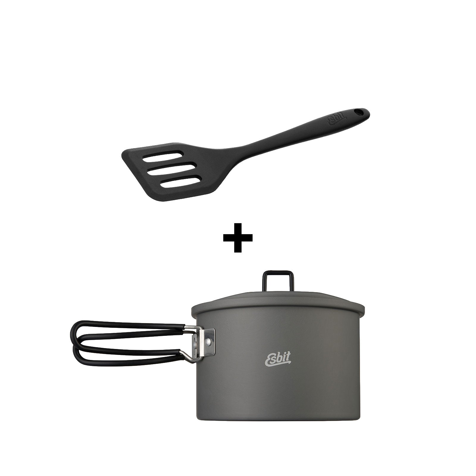 Round camping pot made from hard-anodised aluminium, sold as a set with a silicone spatula