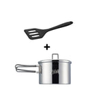 Round stainless steel camping pot, sold as a set with a silicone scraper