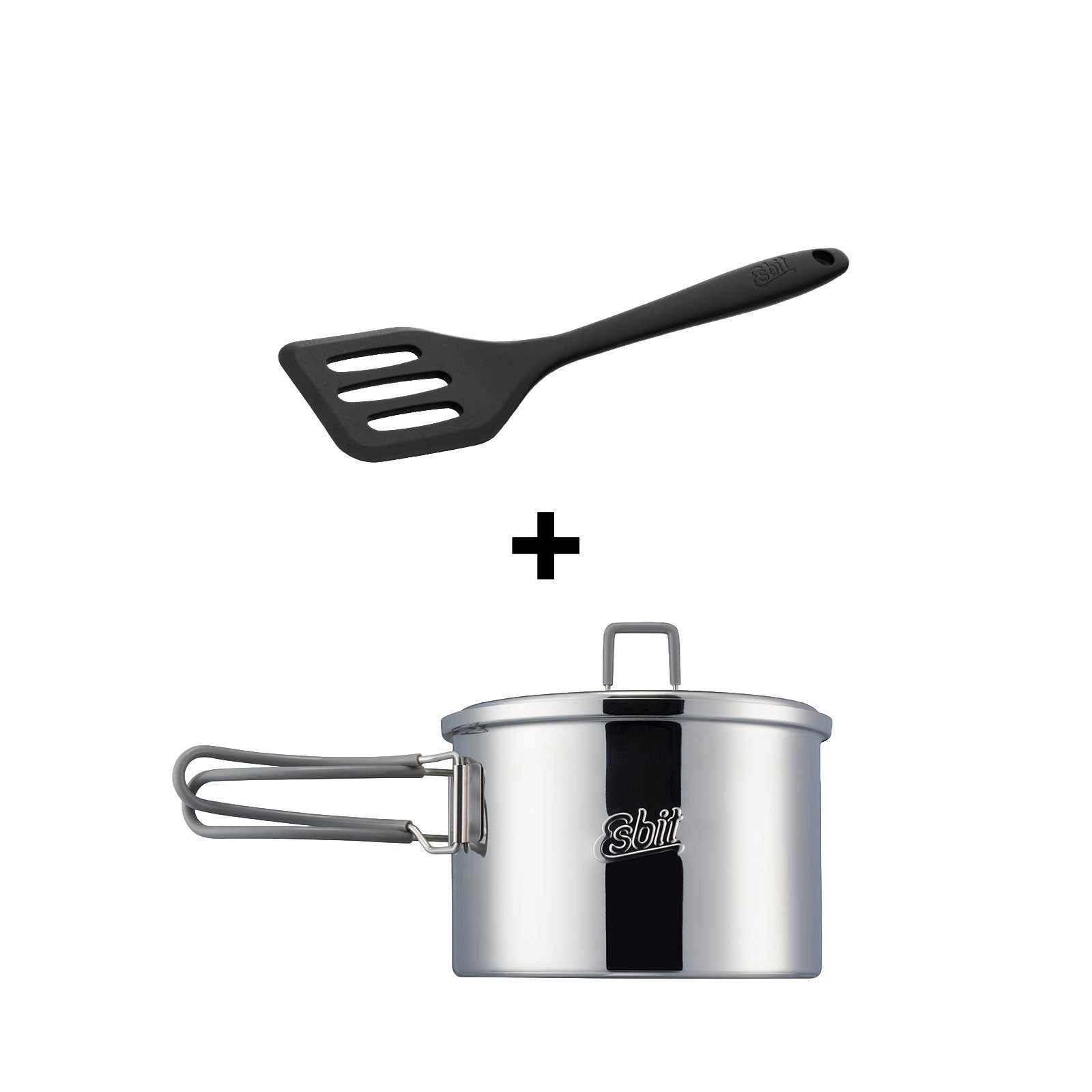 Round stainless steel camping pot, sold as a set with a silicone scraper