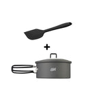 Round camping pot made from hard-anodised aluminium, supplied as a set with a silicone scraper