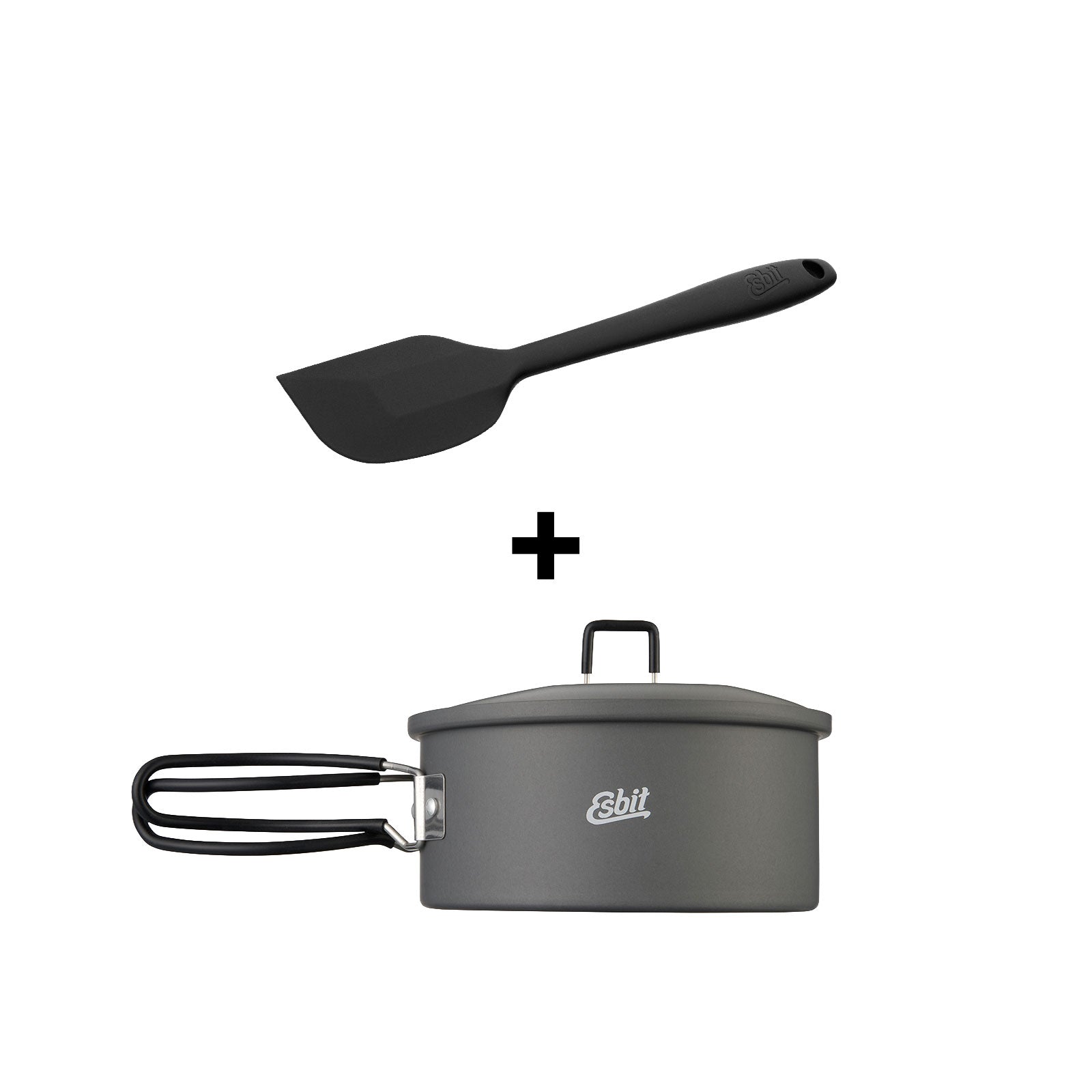 Round camping pot made from hard-anodised aluminium, supplied as a set with a silicone scraper