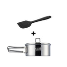 Round stainless steel camping pot, sold as a set with a silicone scraper