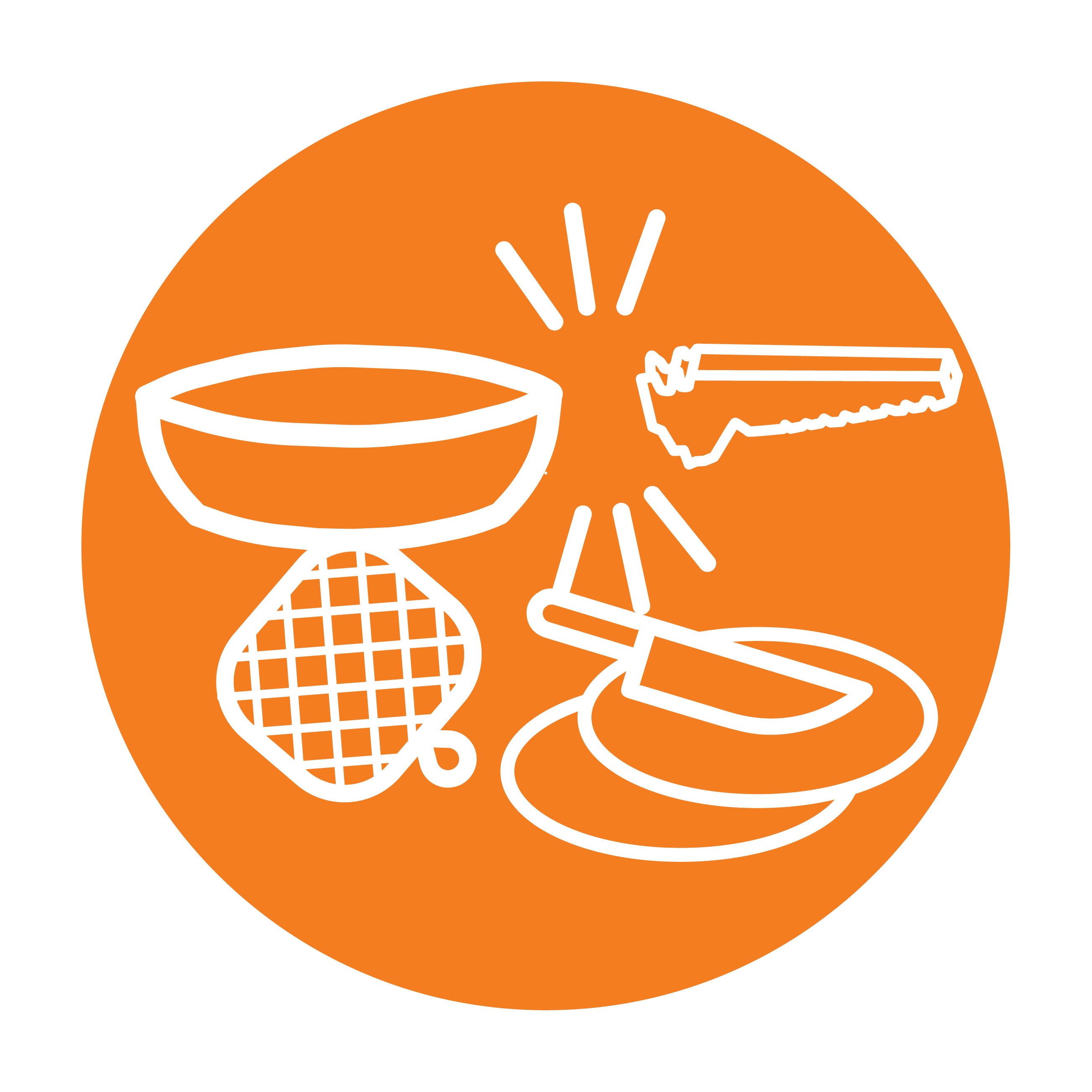 Esbit Icon in Orange zeigt eine Pfanne, einen Topflappen, eine Griffzange, zwei Schneidebretter und ein Messer als Piktogramm an. 