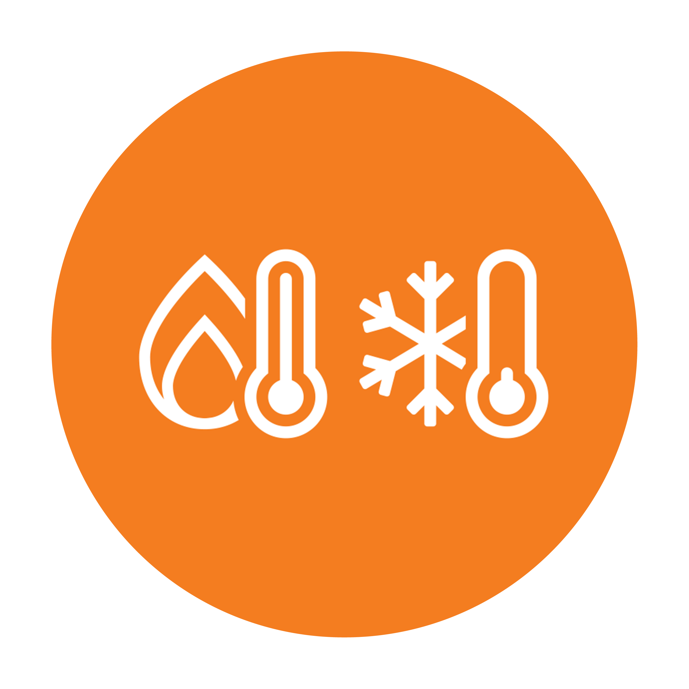 Esbit Icon in Orange zeigt eine Flamme, eine Schneeflocke und zwei Thermometer als Piktogramm.