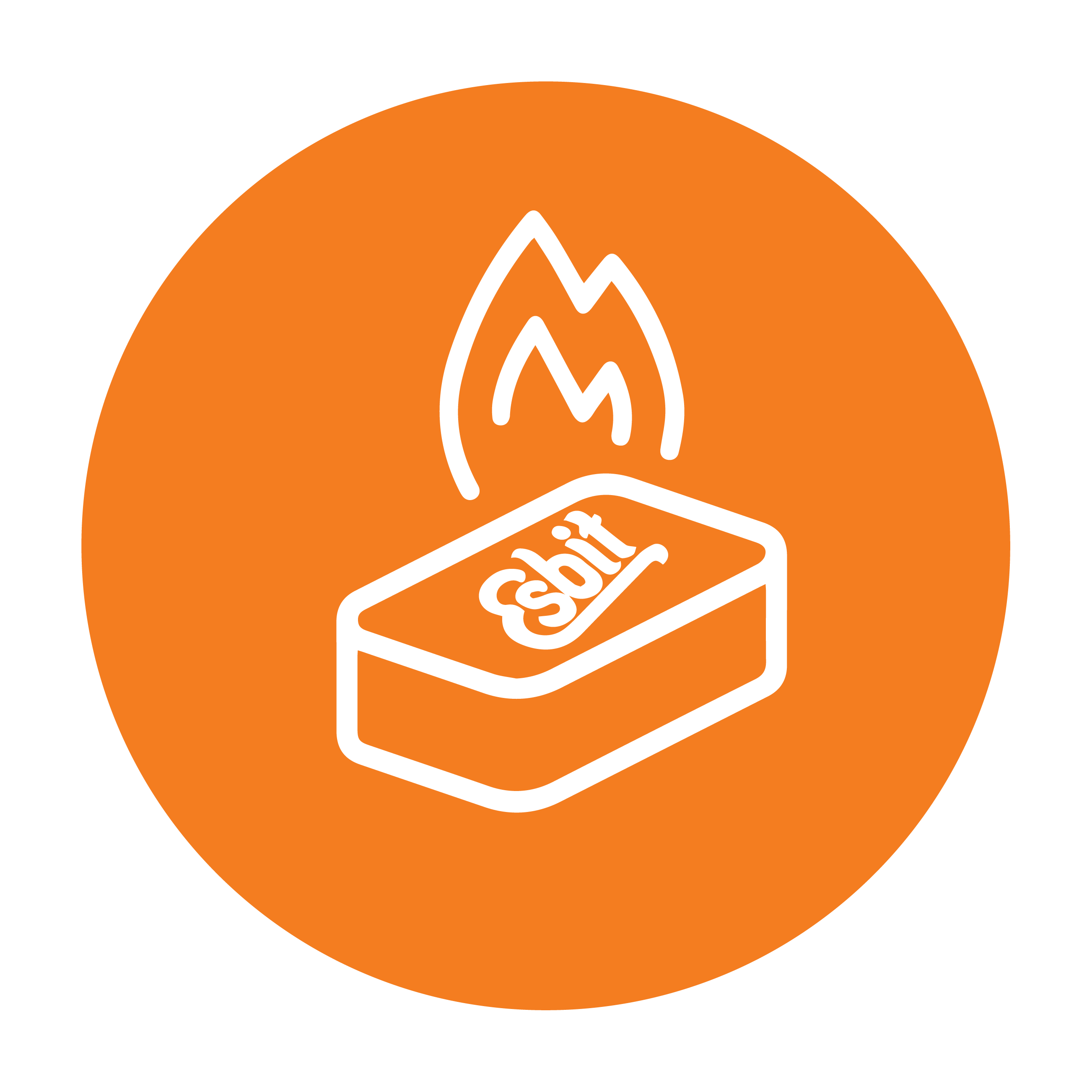 Esbit Icon in Orange zeigt brennende Trockenbrennstoff-Tablette als Piktogramm.