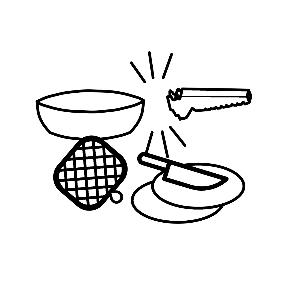 Esbit Icon in Schwarz zeigt eine Pfanne, einen Topflappen, eine Griffzange, zwei Schneidebretter und ein Messer als Piktogramm an. 