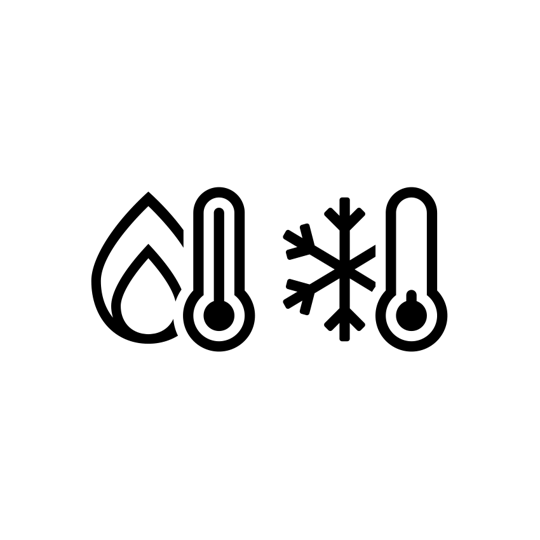 Esbit Icon in Schwarz zeigt eine Flamme, eine Schneeflocke und zwei Thermometer als Piktogramm.