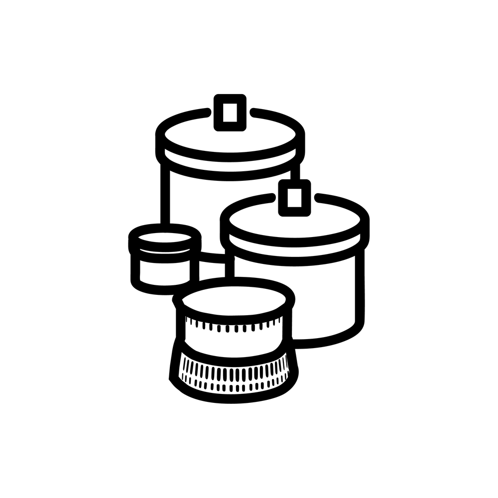 Esbit Icon in Schwarz zeigt zwei Camping Töpfe, einen Stand und einen Becher als Piktogramm. 