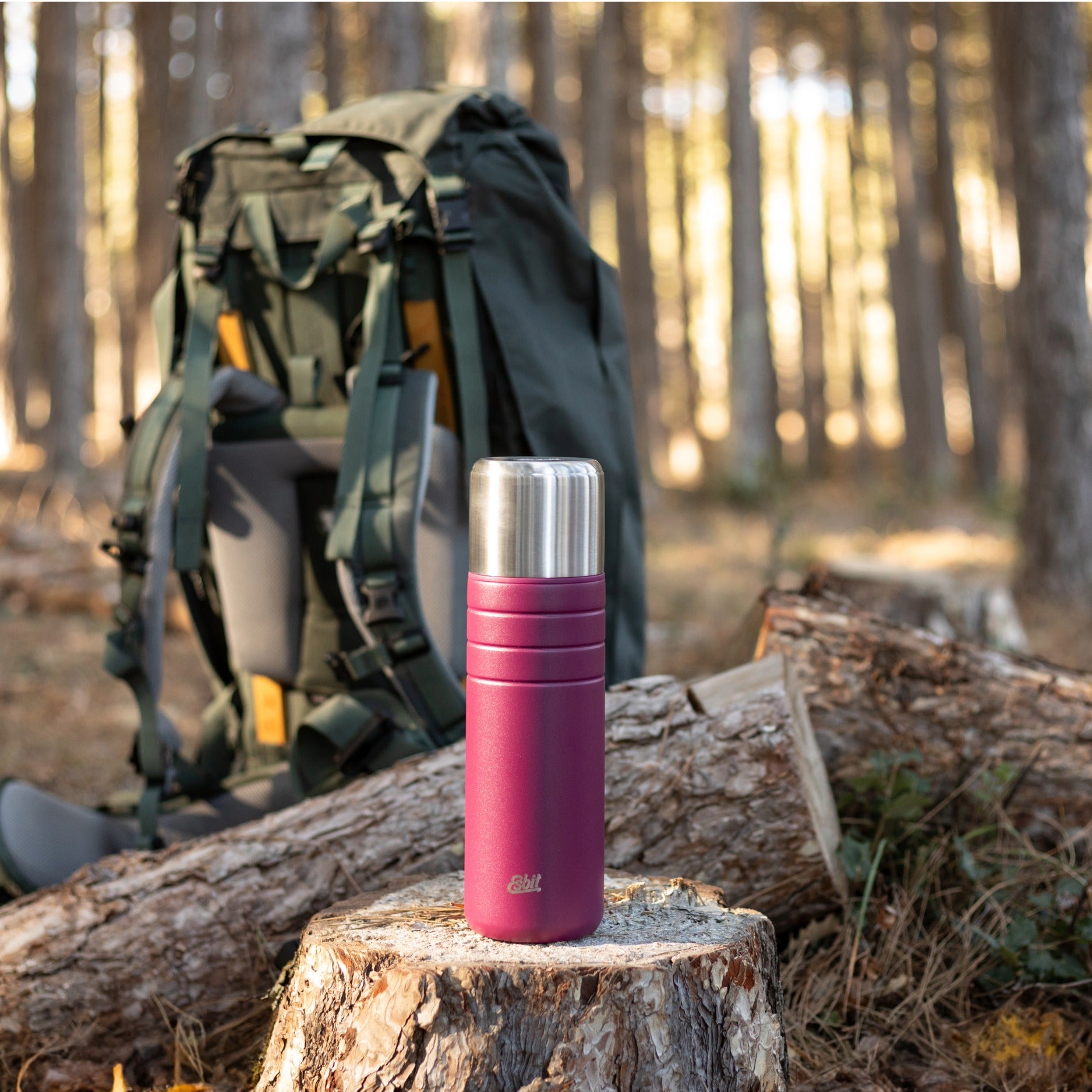 Esbit Isolierflasche VF1000MJ-BY in Berry stehend auf einem Baumstamm im Wald