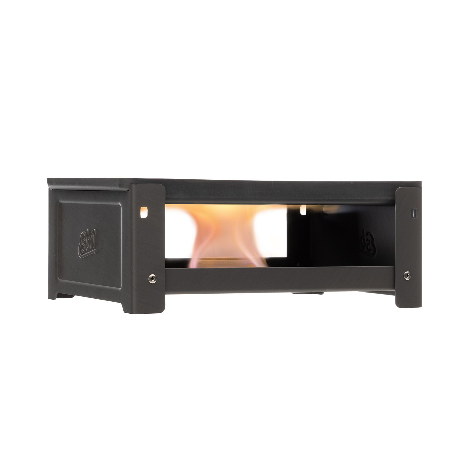 Esbit Plancha Grill Kompakt CSP675HA Produktbild mit Esbit Trockenbrennstoff Tablette und Flamme 