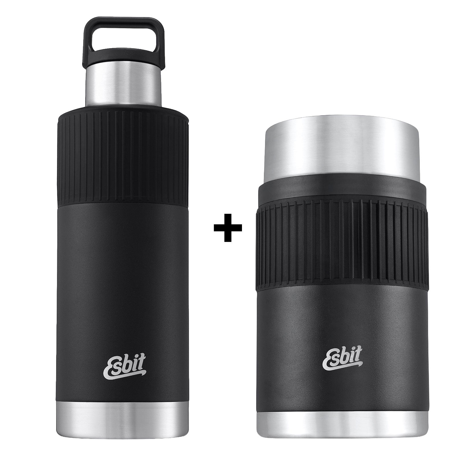 Esbit Bundle: Meal Prep Set comprising a SCULPTOR water bottle and a Food Jug, both made of stainless steel in black