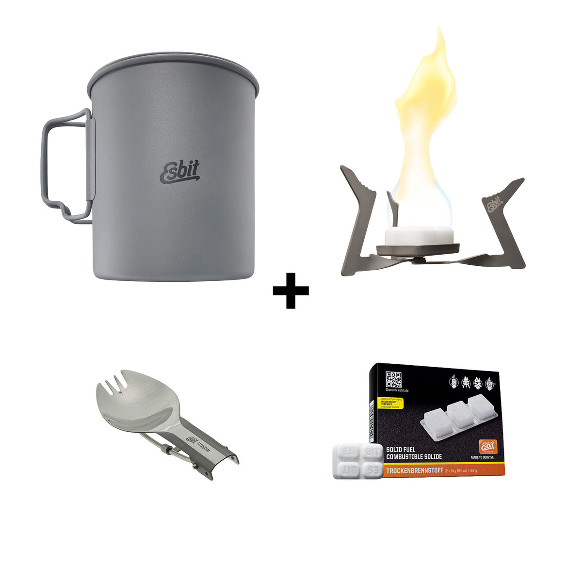 Esbit Trekking Set comprising a titanium pot, a foldable Esbit stove, dry fuel tablets and a titanium spork 